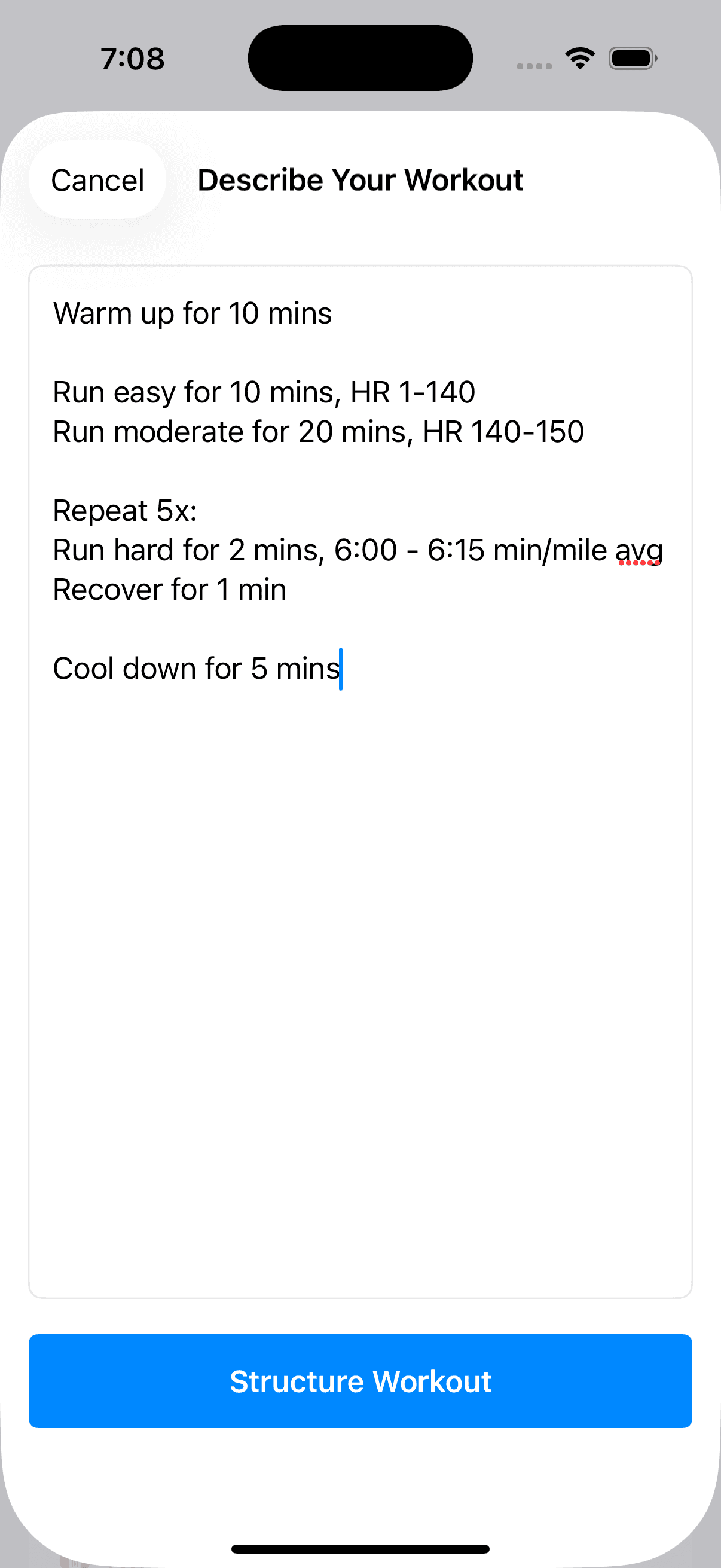 AI workout text entry